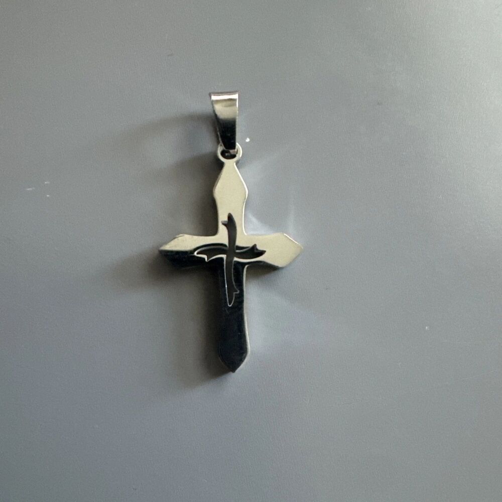 Stainless Steel Cross Pendant Scripture Silver Plated 24 Inch Chain Religious